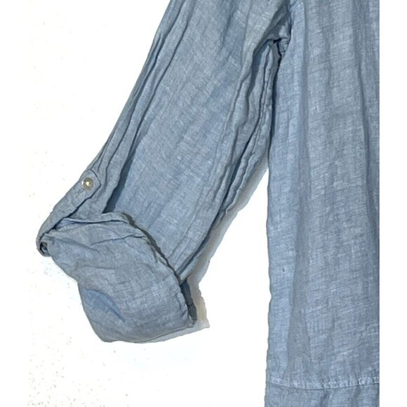 Tahari Light 100% Linen Light Blue Roll Tab Sleeve Button Long Tunic Shirt - Picture 7 of 8